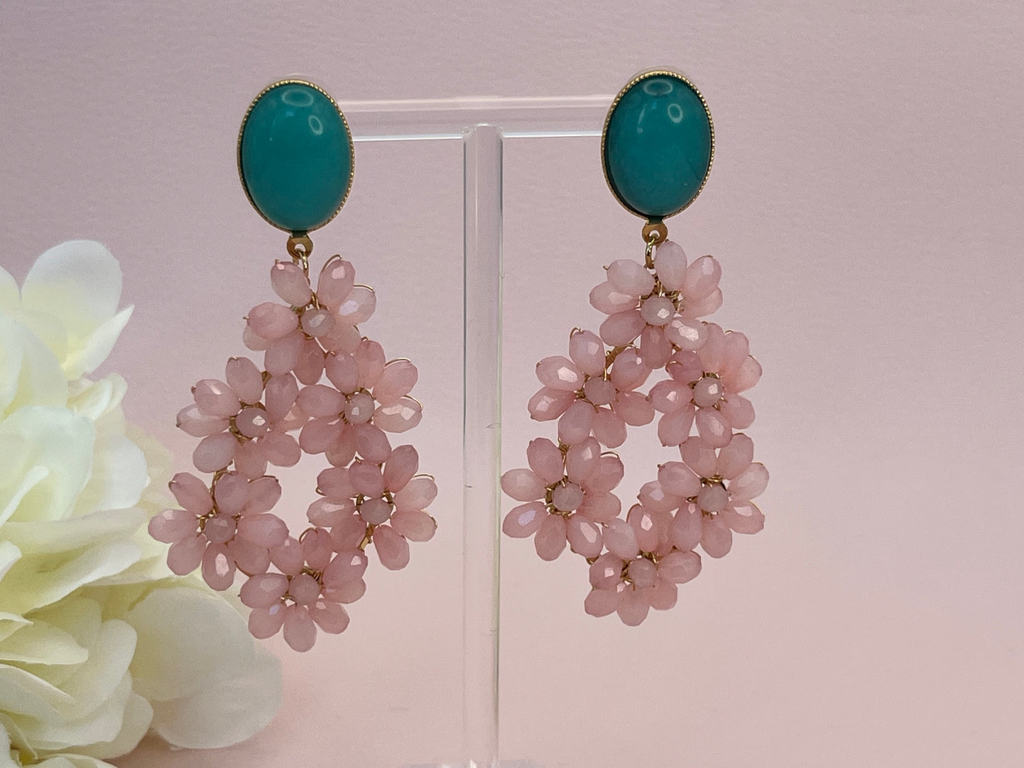 Glitzer Statementohrringe Blumen Rosa Türkis - Laury goes Provence - LAURY LOVES PINK