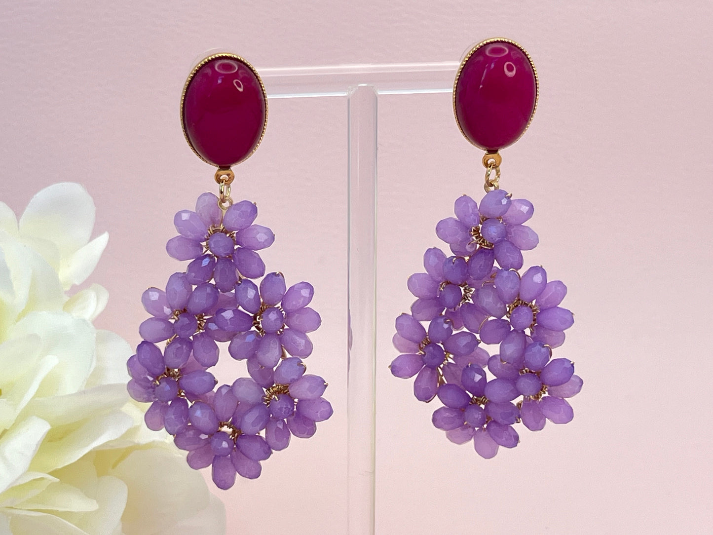 Glitzer Statementohrringe Blumen Flieder Fuchsia - Laury goes Provence - LAURY LOVES PINK