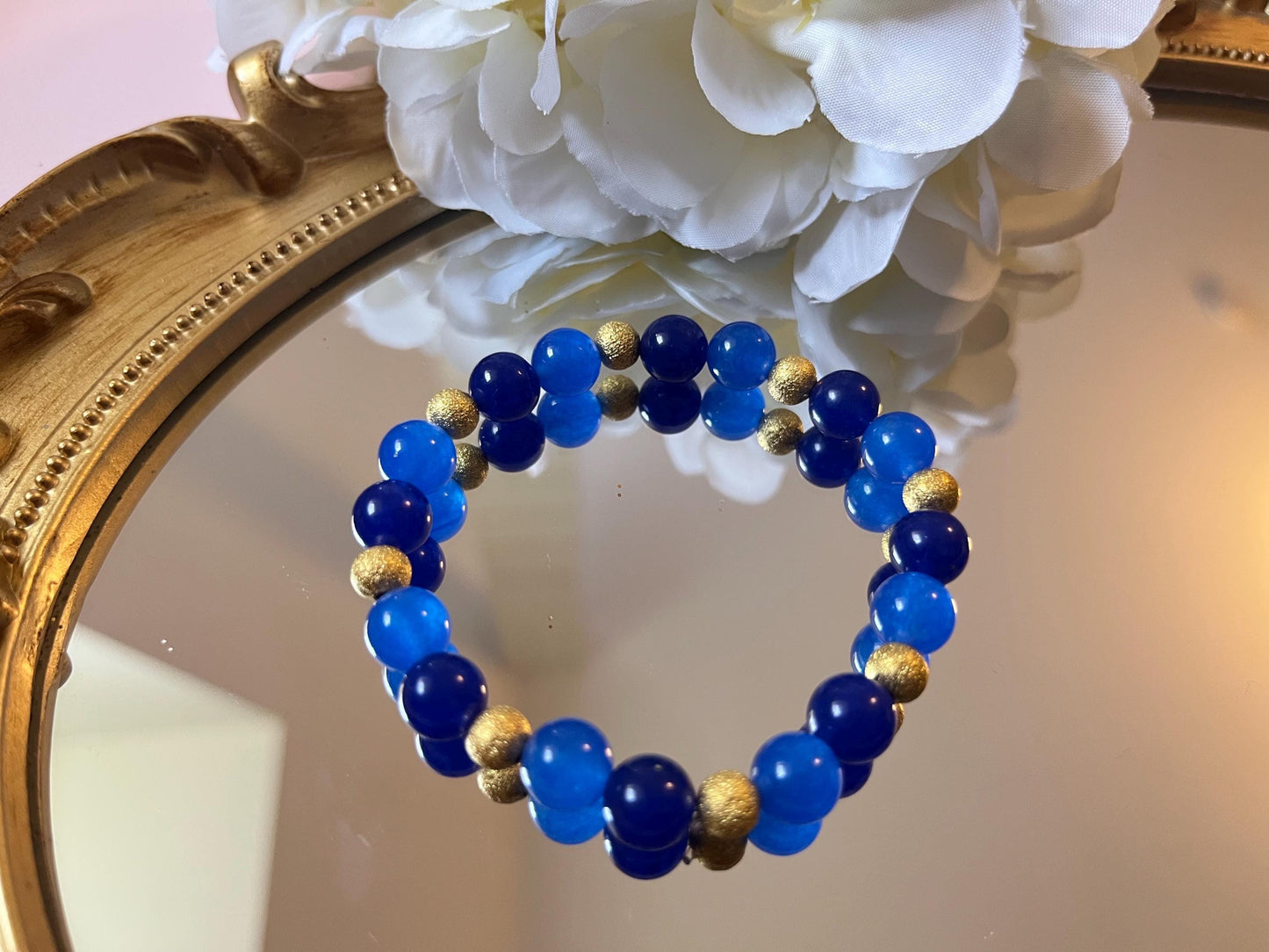 Armband mit Natursteinen und Süßwasserperlen in Blau und Gold, Freundschaftsarmband - Laury goes Sylt