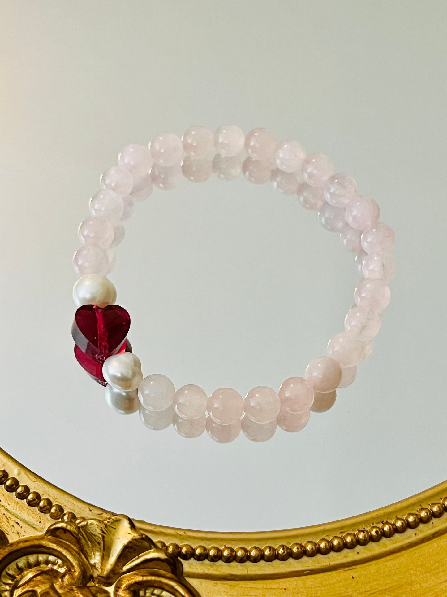 Rosenquarz und Perlen Armband mit Kristallherz - Laury goes Paris - LAURY LOVES PINK