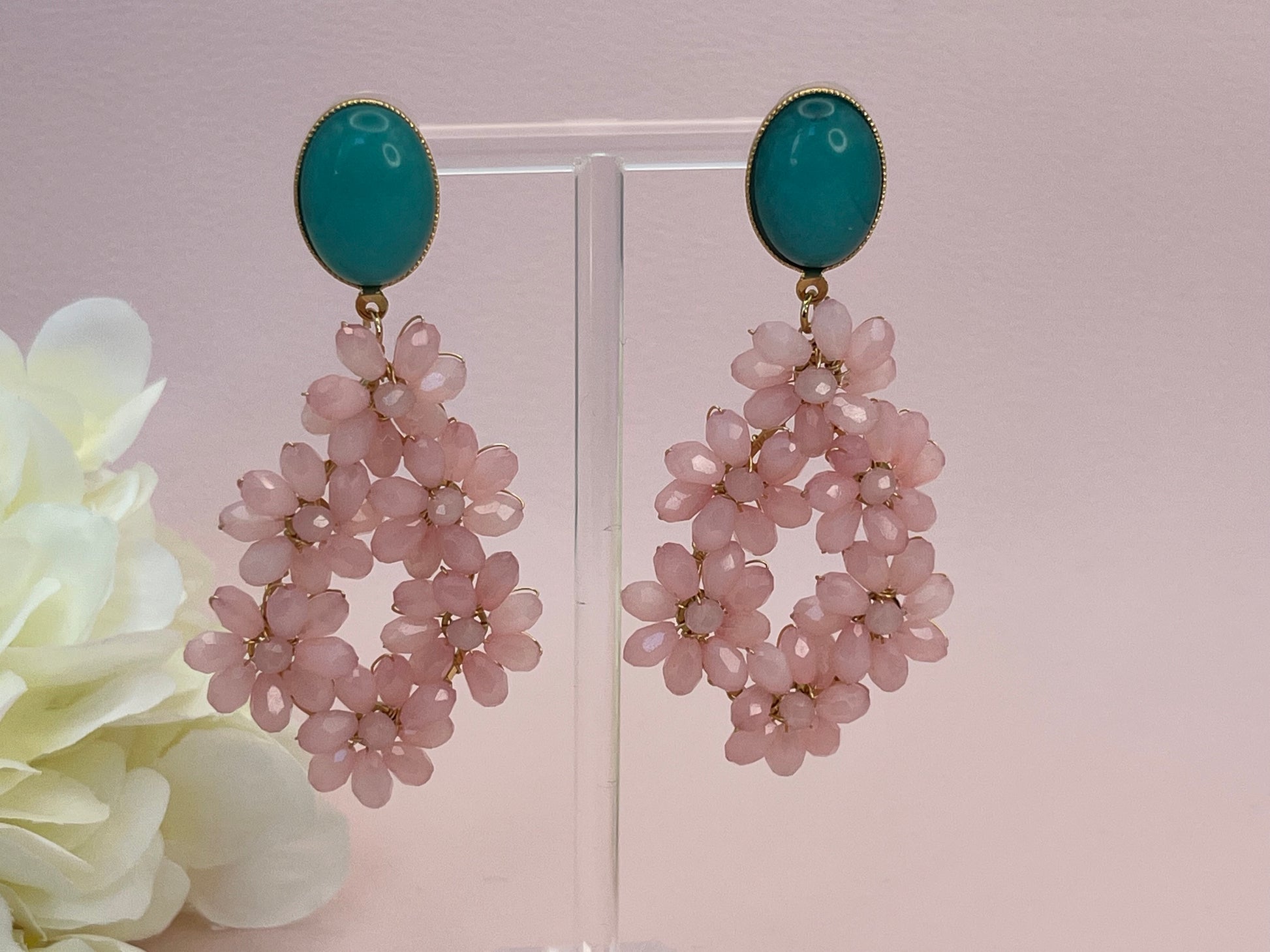 Glitzer Statementohrringe Blumen Rosa Türkis - Laury goes Provence - LAURY LOVES PINK