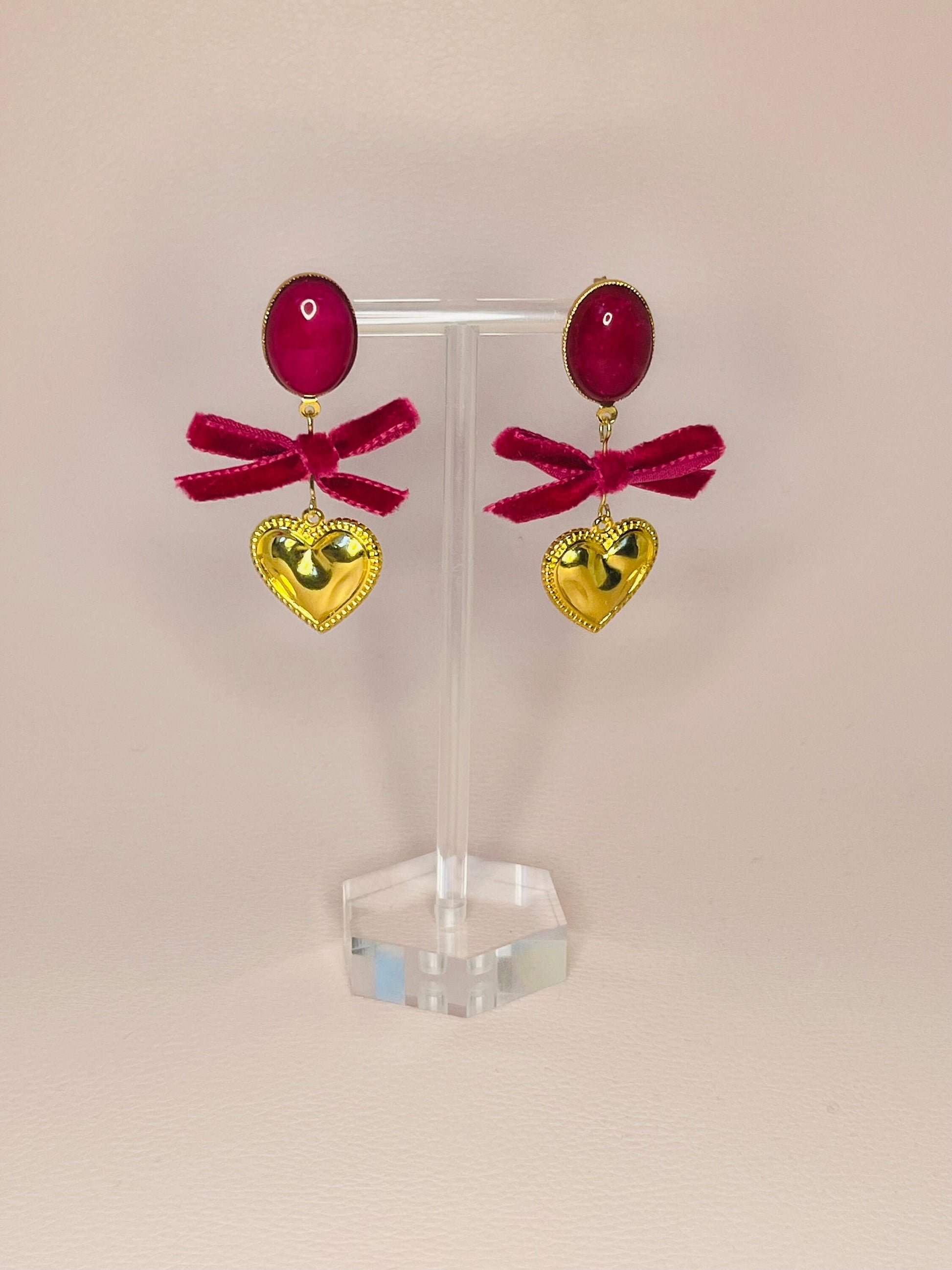 Herzohrringe Samtschleife Fuchsia - Laury goes Munich