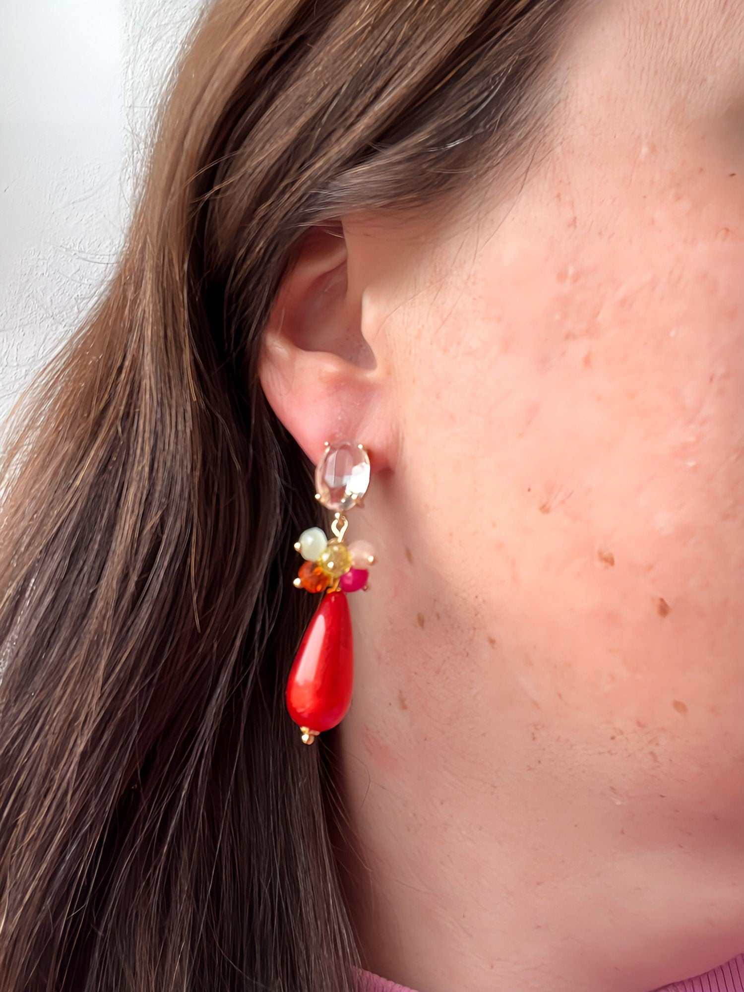 Tropfenohrringe Cluster Kristallglas Bunt Rot - Laury goes Portofino - LAURY LOVES PINK