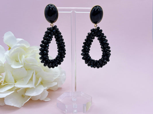 Glitzer Statement Ohrringe mit Facettperlen Tropfen an Ohrsteckern mit Jade Cabochons in Schwarz - Laury goes Côtes d‘Azure
