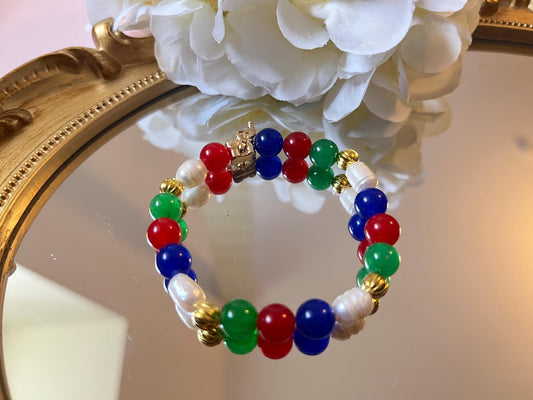 Elegantes Armband mit Natursteinen und Süßwasserperlen in Blau, Rot, Grün und Gold, Elefant, Freundschaftsarmband - Laury goes Kronberg
