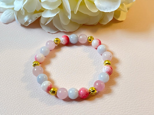 Armband mit Natursteinen und Süßwasserperlen in Pastell Rosa und Gold, Freundschaftsarmband - Laury goes Kronberg