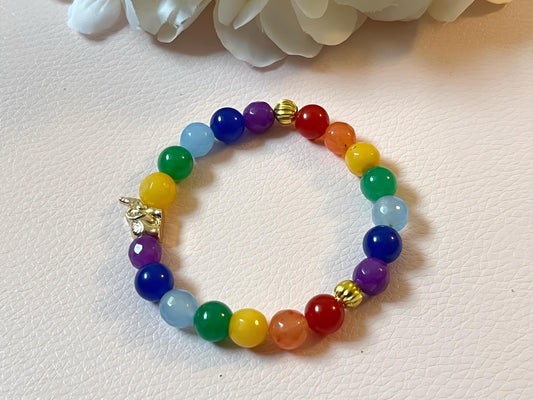 Regebogen Armband mit Naturstein- und Edelstahlperlen und goldenem Elefant, Freundschaftsarmband - Laury goes Cologne