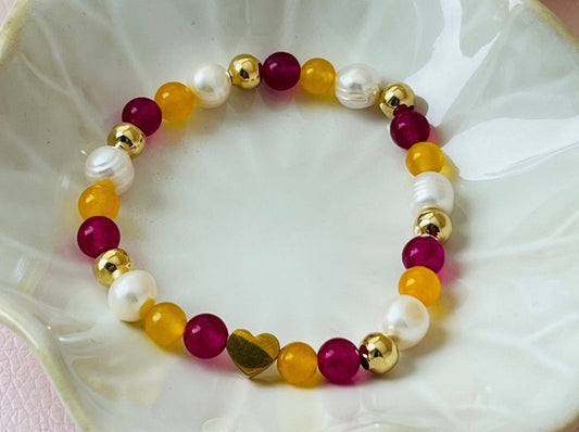 Armband aus Natursteinen und Perlen Pink Gelb und Gold mit Herz - Laury goes Paris - LAURY LOVES PINK